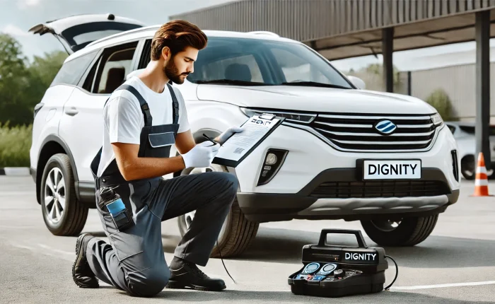 DALL·E 2025-02-07 17.52.50 - A professional car inspection scene for a Dignity vehicle. A certified mechanic in a uniform is inspecting a white Dignity SUV using advanced diagnost